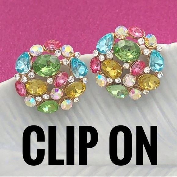 Pastel Rhinestone Clip On Earrings - Picture 1 of 4